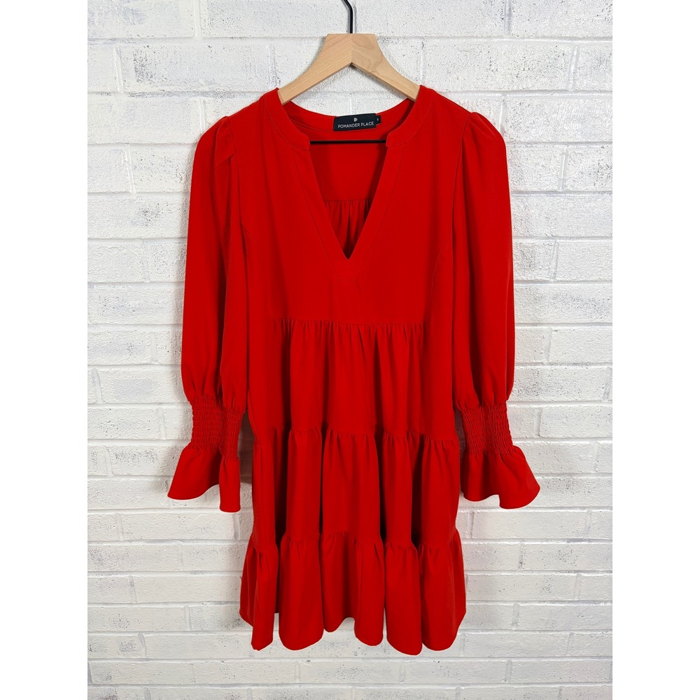 Pomander Place Kenzo Dress Womens S Red Tiered Crepe Smocked Cuff V-Neck